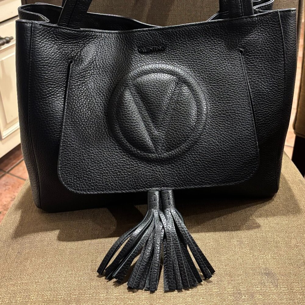 Valentino By Mario Valentino Ollie Pebbled Leather Tassel Tote, Black